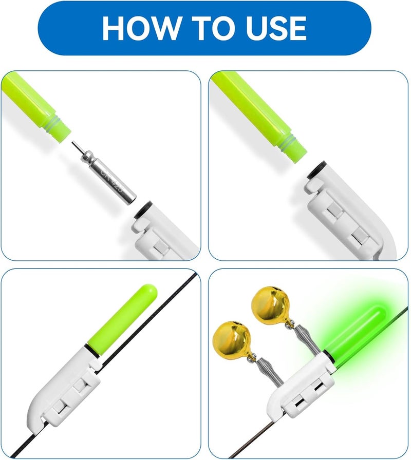 DunkTeam 6PCS Night Fish Strike Alert Glow Stick Alert, Fishing Bite Alarm Bite Alarm, LED Fishing Alarm with Bell, Fishing Glow Sticks with 8PCS CR425 Battery - Image 4